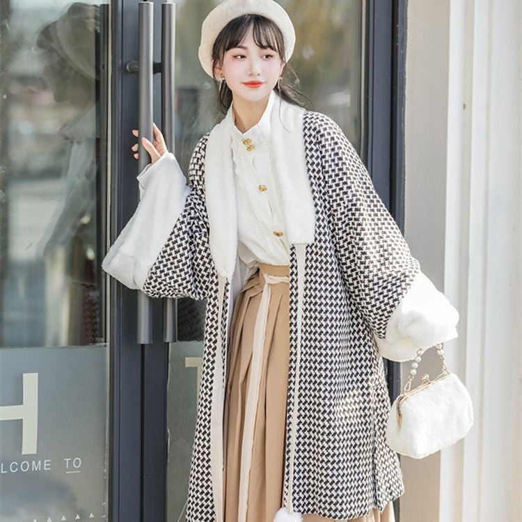 Manteau ancien pour femme Hanfu avec manteau blanc en velours, blouse et jupe plissée - IVOIRART.COM