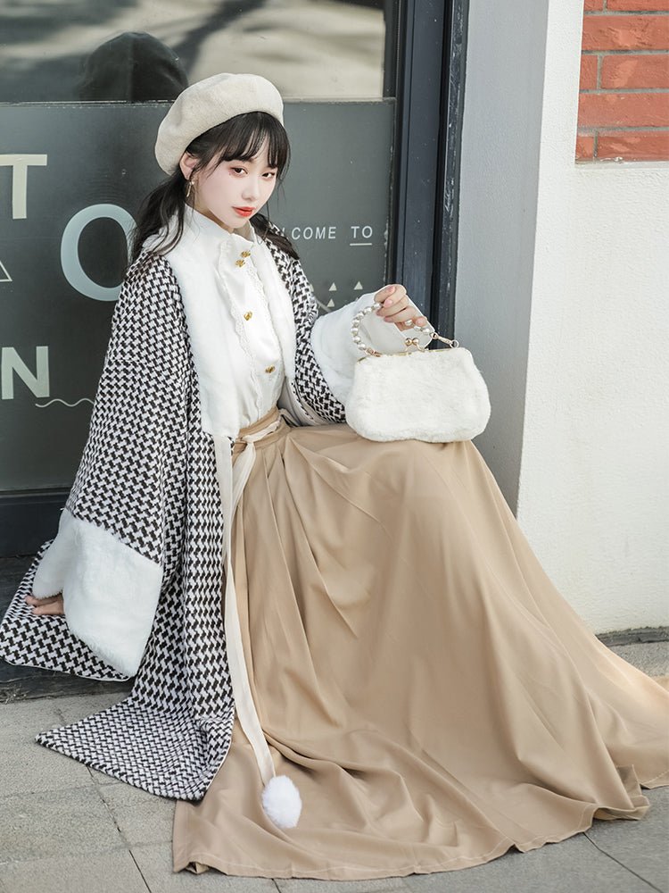 Manteau ancien pour femme Hanfu avec manteau blanc en velours, blouse et jupe plissée - IVOIRART.COM