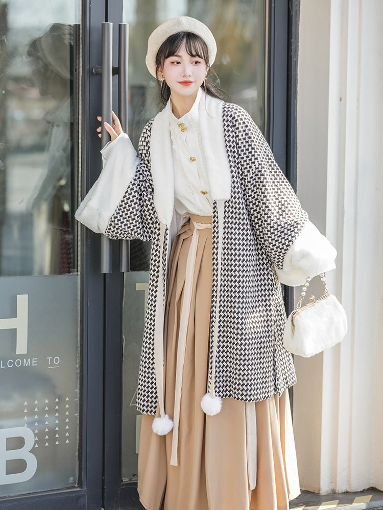 Manteau ancien pour femme Hanfu avec manteau blanc en velours, blouse et jupe plissée - IVOIRART.COM