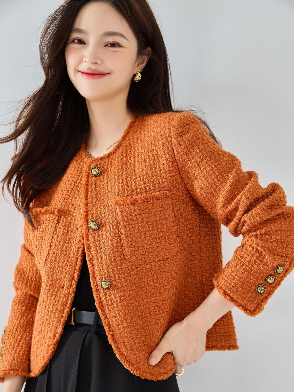 Manteau court élégant en tweed à franges, laine style classique pour femme S/M/L - IVOIRART.COM