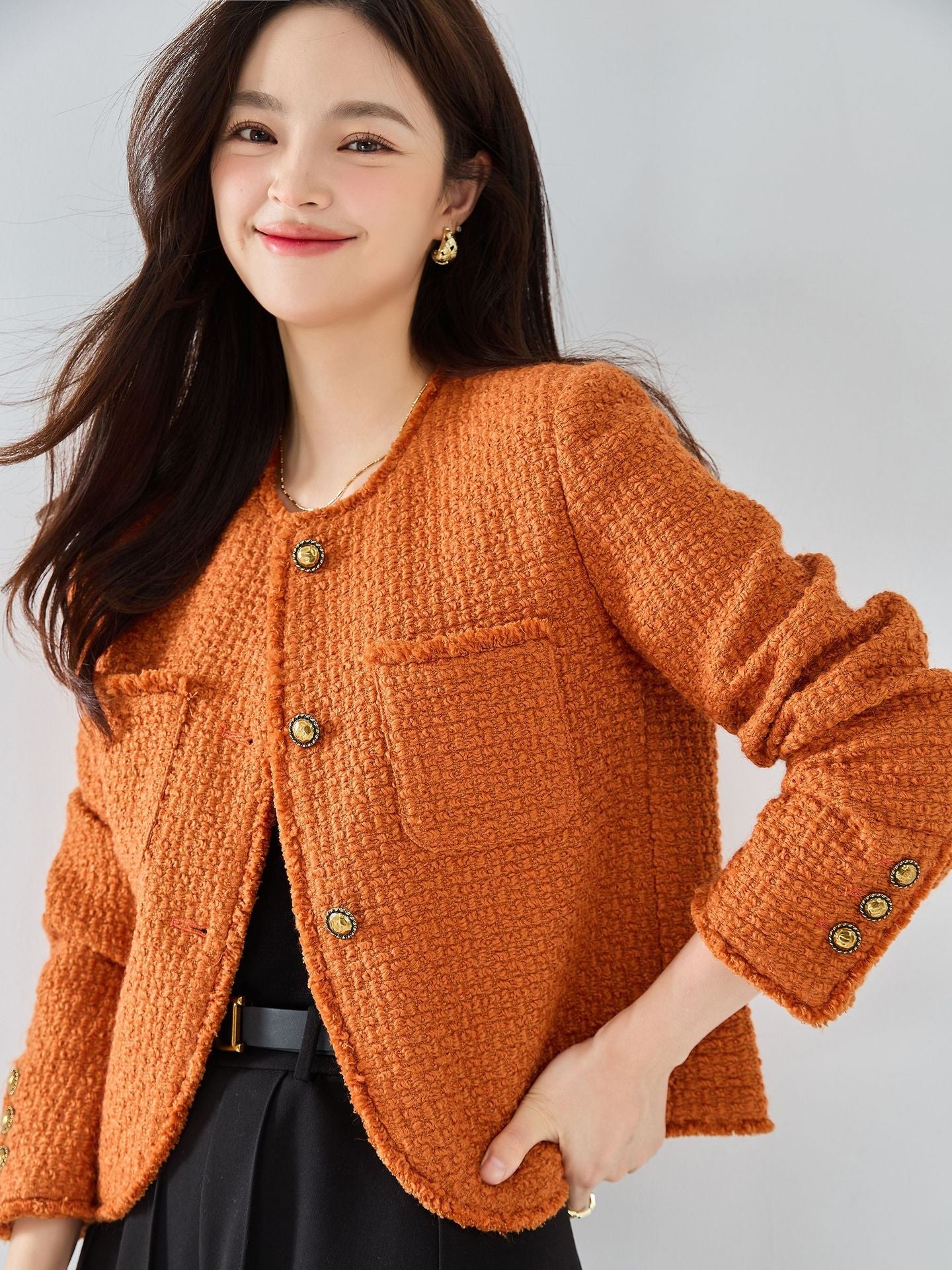 Manteau court élégant en tweed à franges, laine style classique pour femme S/M/L - IVOIRART.COM