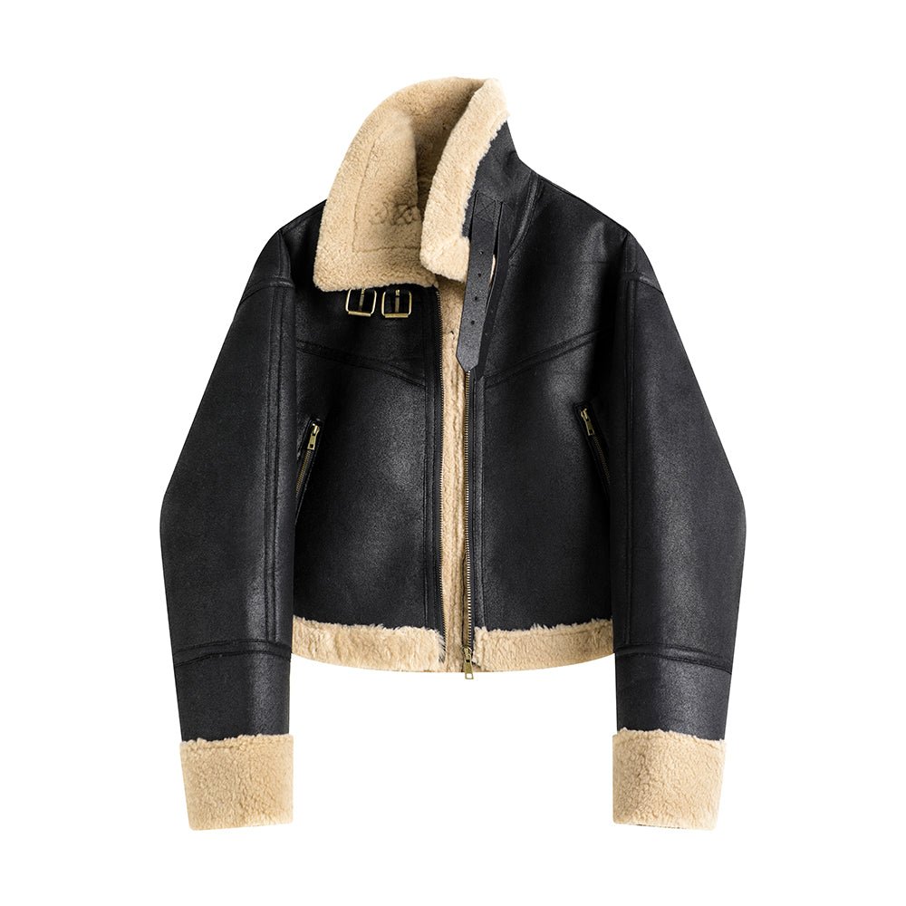Manteau court en agneau intégral avec col montant en fourrure, style épuré chic! - IVOIRART.COM