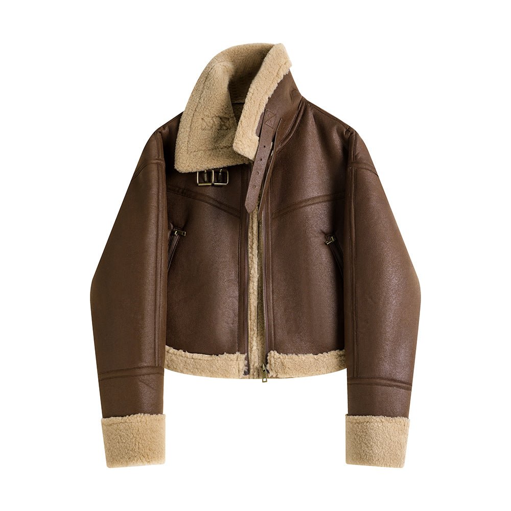 Manteau court en agneau intégral avec col montant en fourrure, style épuré chic! - IVOIRART.COM