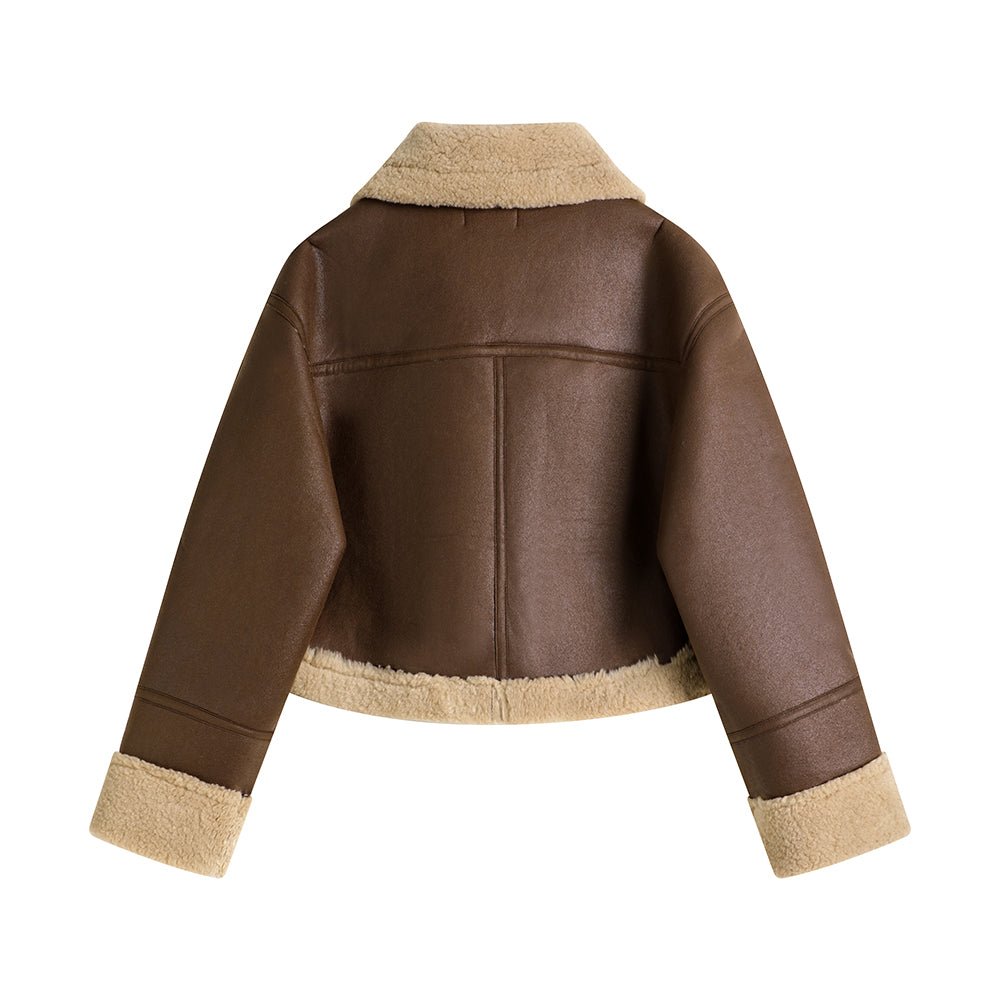 Manteau court en agneau intégral avec col montant en fourrure, style épuré chic! - IVOIRART.COM