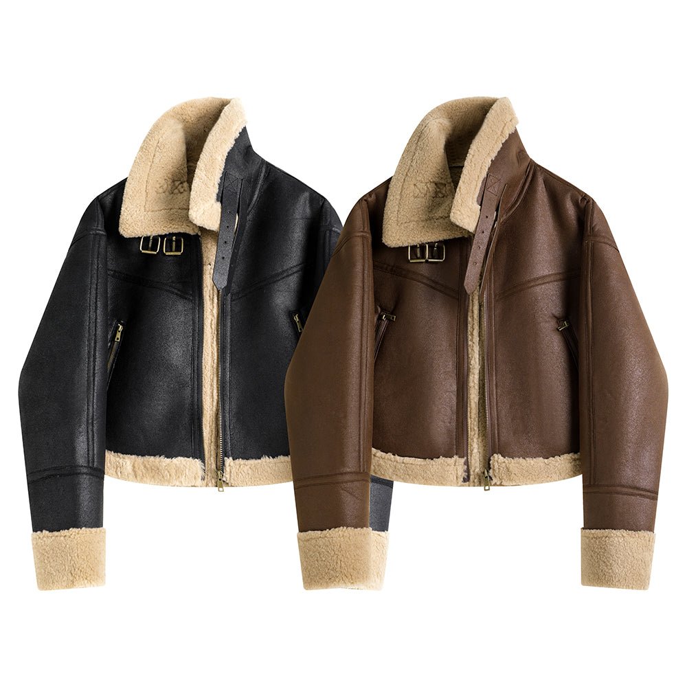 Manteau court en agneau intégral avec col montant en fourrure, style épuré chic! - IVOIRART.COM