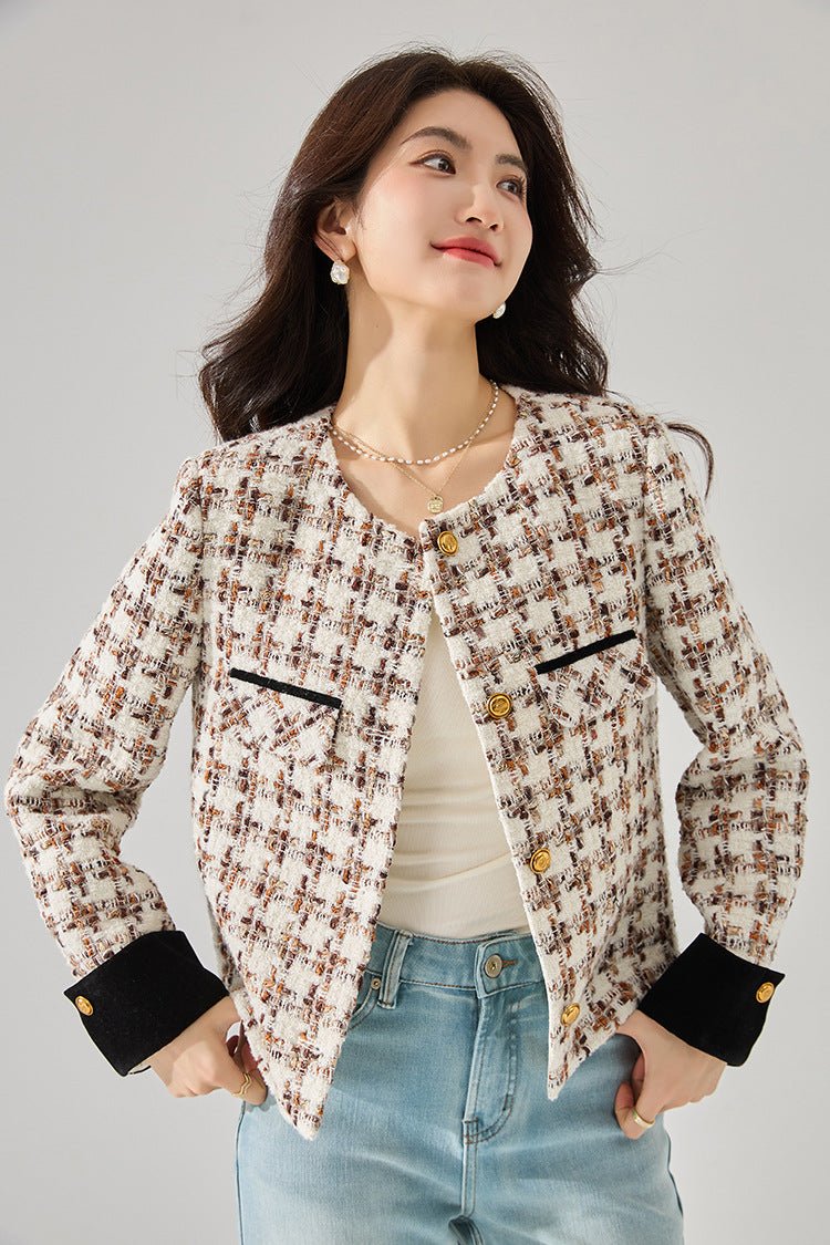 Manteau court en tweed à carreaux Classic Retro Velvet Stitching Kafuu 15381 S/M - IVOIRART.COM