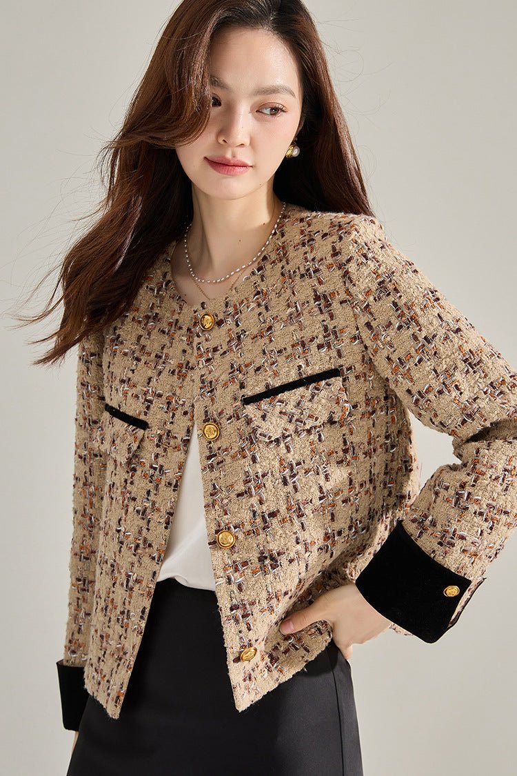 Manteau court en tweed à carreaux Classic Retro Velvet Stitching Kafuu 15381 S/M - IVOIRART.COM