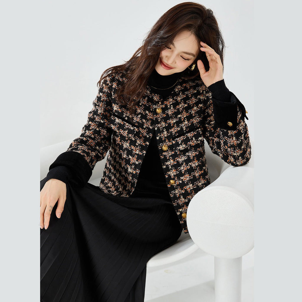 Manteau court en tweed à carreaux Classic Retro Velvet Stitching Kafuu 15381 S/M - IVOIRART.COM