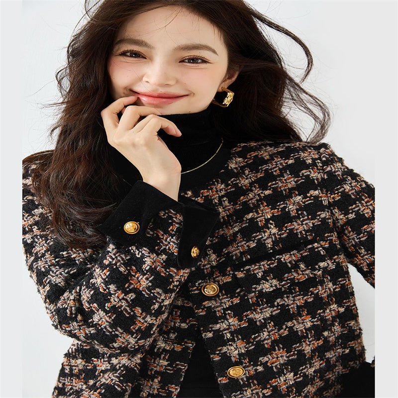 Manteau court en tweed à carreaux Classic Retro Velvet Stitching Kafuu 15381 S/M - IVOIRART.COM