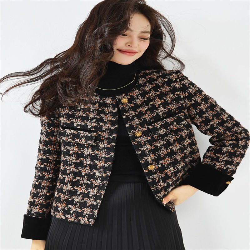 Manteau court en tweed à carreaux Classic Retro Velvet Stitching Kafuu 15381 S/M - IVOIRART.COM