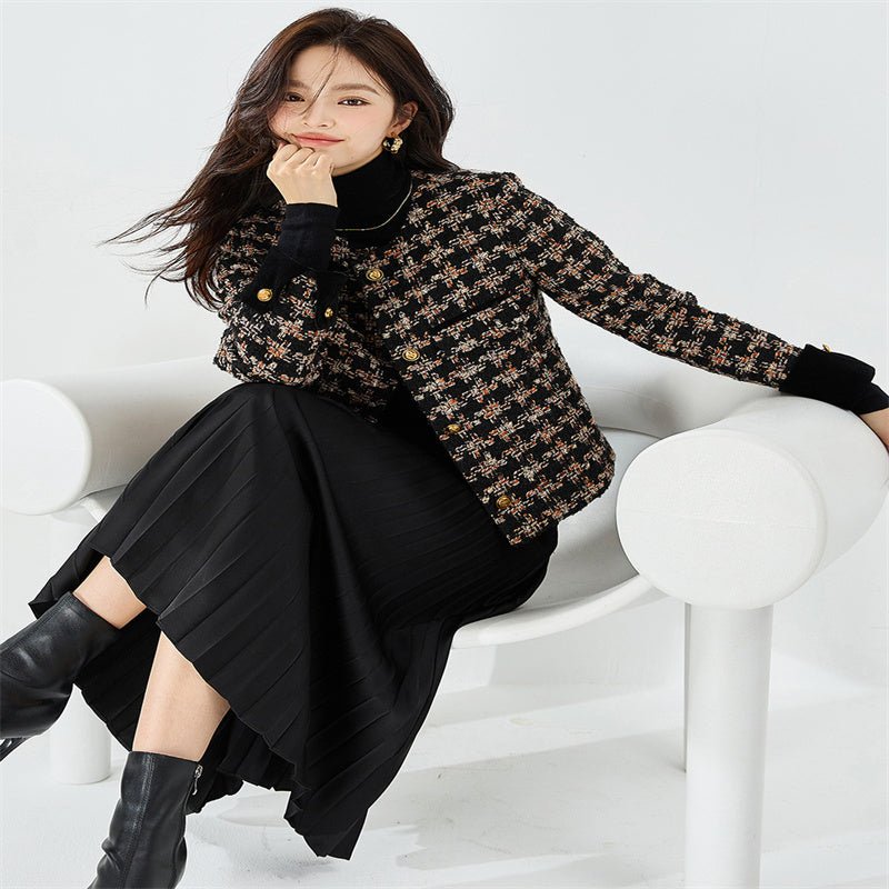 Manteau court en tweed à carreaux Classic Retro Velvet Stitching Kafuu 15381 S/M - IVOIRART.COM