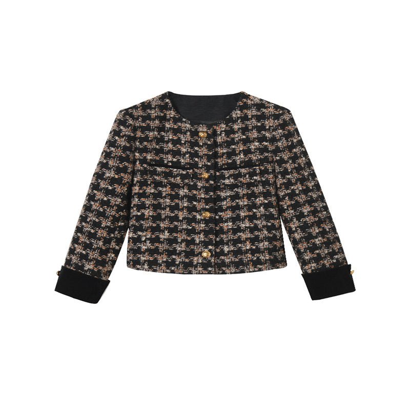 Manteau court en tweed à carreaux Classic Retro Velvet Stitching Kafuu 15381 S/M - IVOIRART.COM