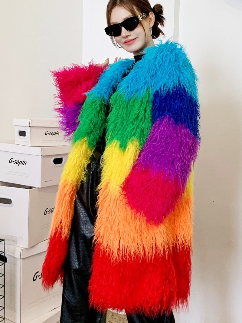 Manteau d'hiver patchwork peluche contrasté en laine d'agneau synthétique femme - IVOIRART.COM