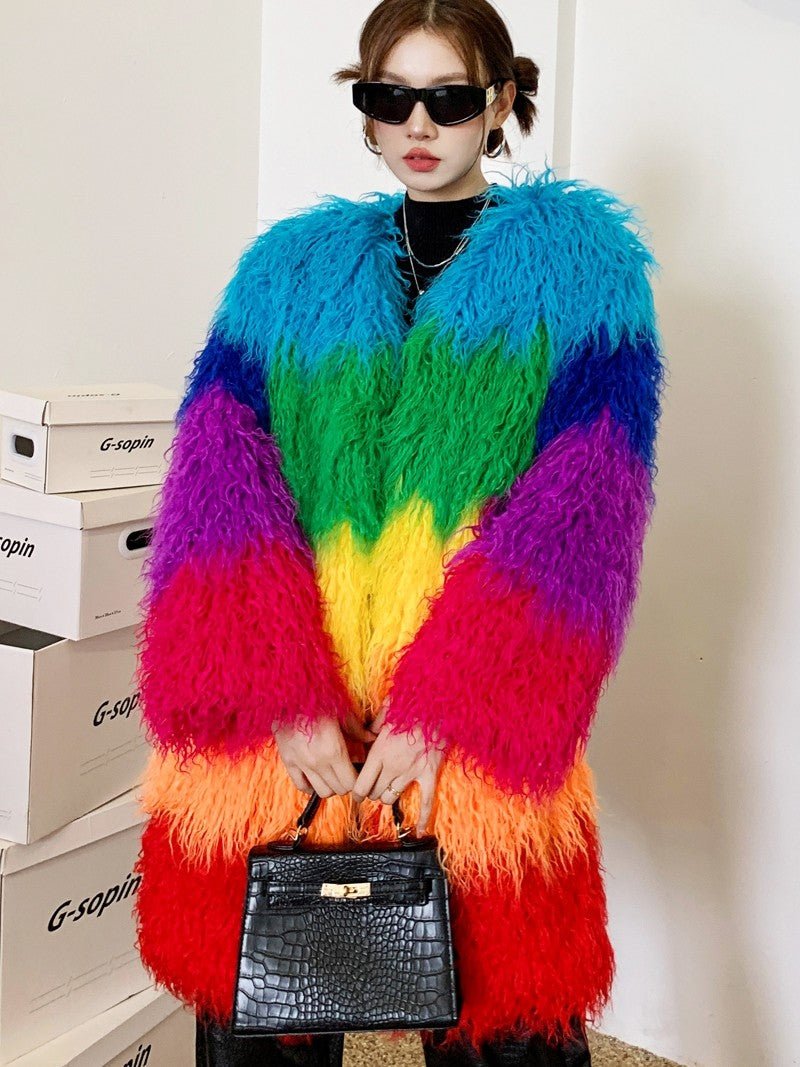 Manteau d'hiver patchwork peluche contrasté en laine d'agneau synthétique femme - IVOIRART.COM