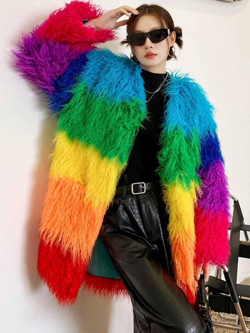 Manteau d'hiver patchwork peluche contrasté en laine d'agneau synthétique femme - IVOIRART.COM