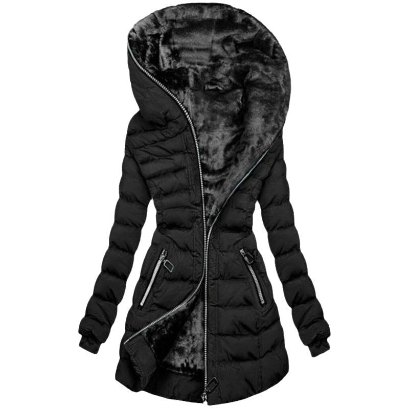 Manteau épais en coton pour femme avec grand col en fourrure, coupe urbaine PU - IVOIRART.COM