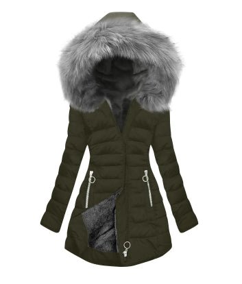Manteau épais en coton pour femme avec grand col en fourrure, coupe urbaine PU - IVOIRART.COM