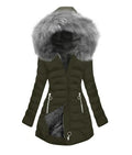 Manteau épais en coton pour femme avec grand col en fourrure, coupe urbaine PU - IVOIRART.COM