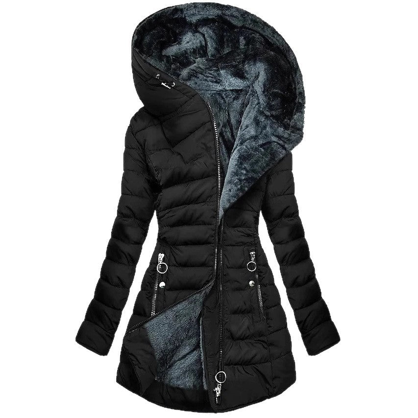 Manteau épais en coton pour femme avec grand col en fourrure, coupe urbaine PU - IVOIRART.COM