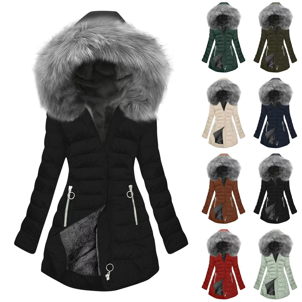 Manteau épais en coton pour femme avec grand col en fourrure, coupe urbaine PU - IVOIRART.COM