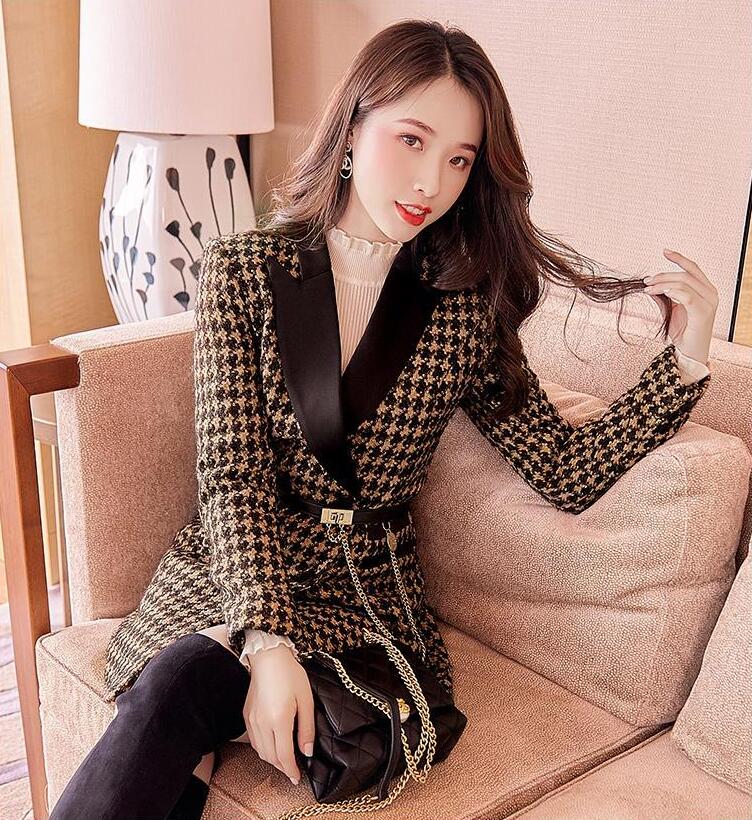 Manteau femme rétro slim mi-long en tweed col costume pied-de-poule chic élégant - IVOIRART.COM