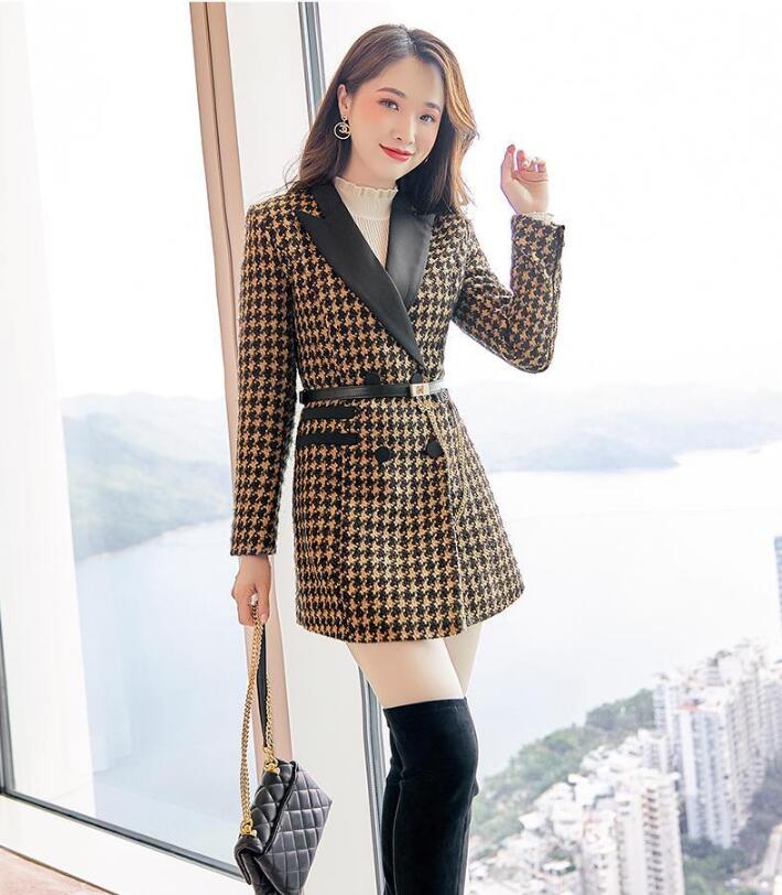 Manteau femme rétro slim mi-long en tweed col costume pied-de-poule chic élégant - IVOIRART.COM