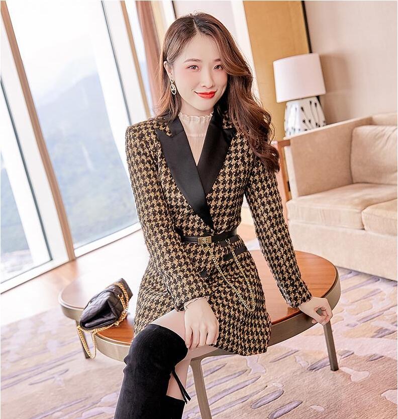 Manteau femme rétro slim mi-long en tweed col costume pied-de-poule chic élégant - IVOIRART.COM