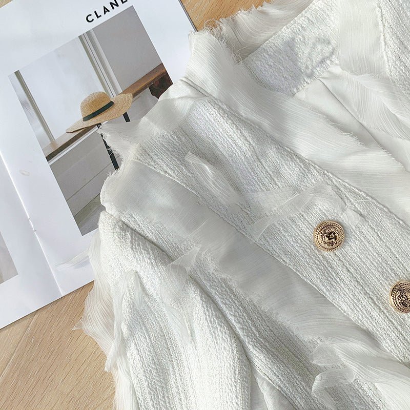 Manteau femme tweed léger à plumes - design luxe blanc, tailles S M L, polyester - IVOIRART.COM