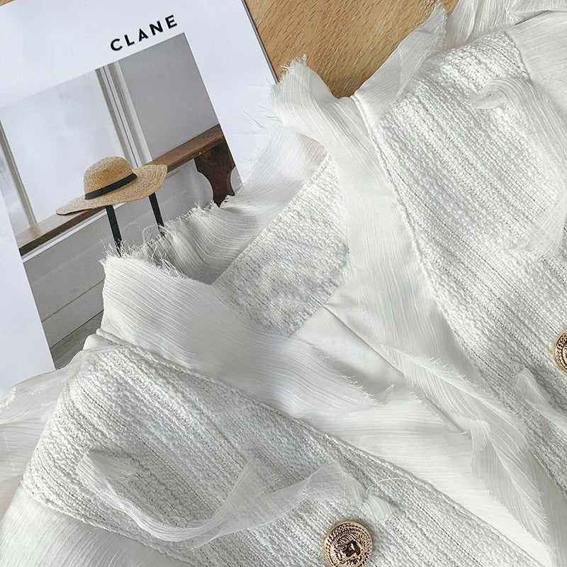 Manteau femme tweed léger à plumes - design luxe blanc, tailles S M L, polyester - IVOIRART.COM