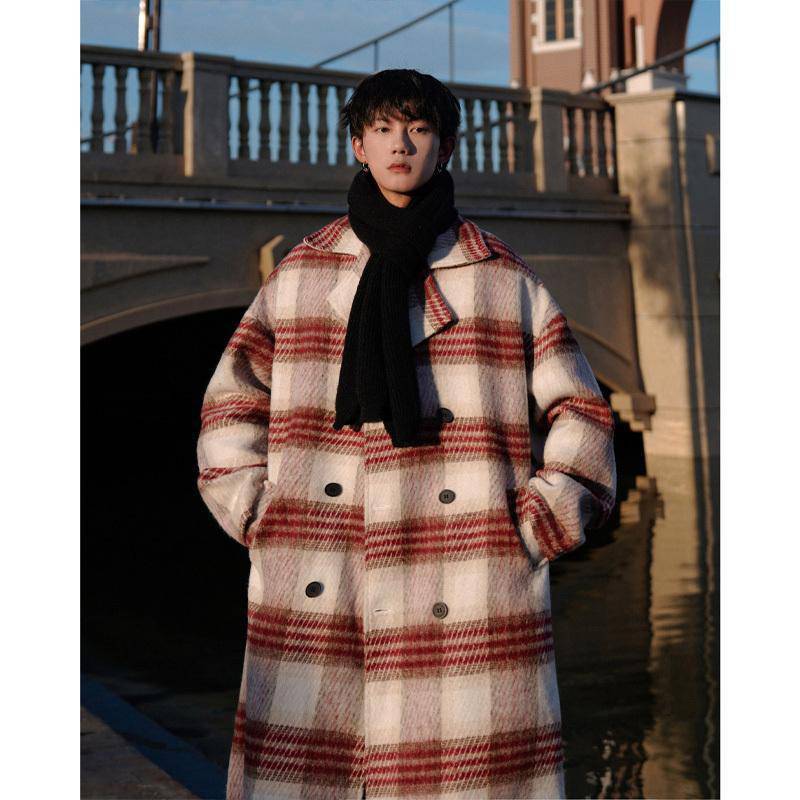 Manteau homme mi-long à carreaux tweed, style simple et tendance, noir/blanc uni - IVOIRART.COM