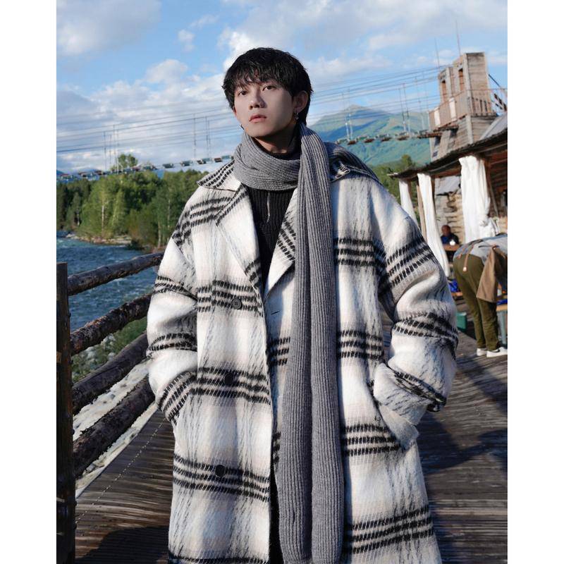 Manteau homme mi-long à carreaux tweed, style simple et tendance, noir/blanc uni - IVOIRART.COM