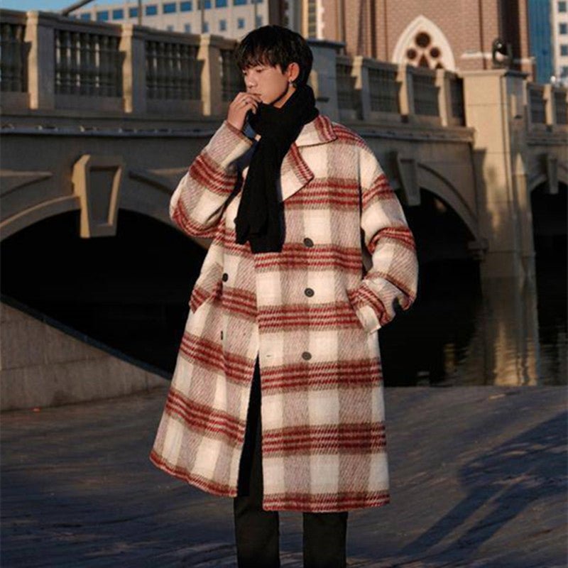 Manteau homme mi-long à carreaux tweed, style simple et tendance, noir/blanc uni - IVOIRART.COM