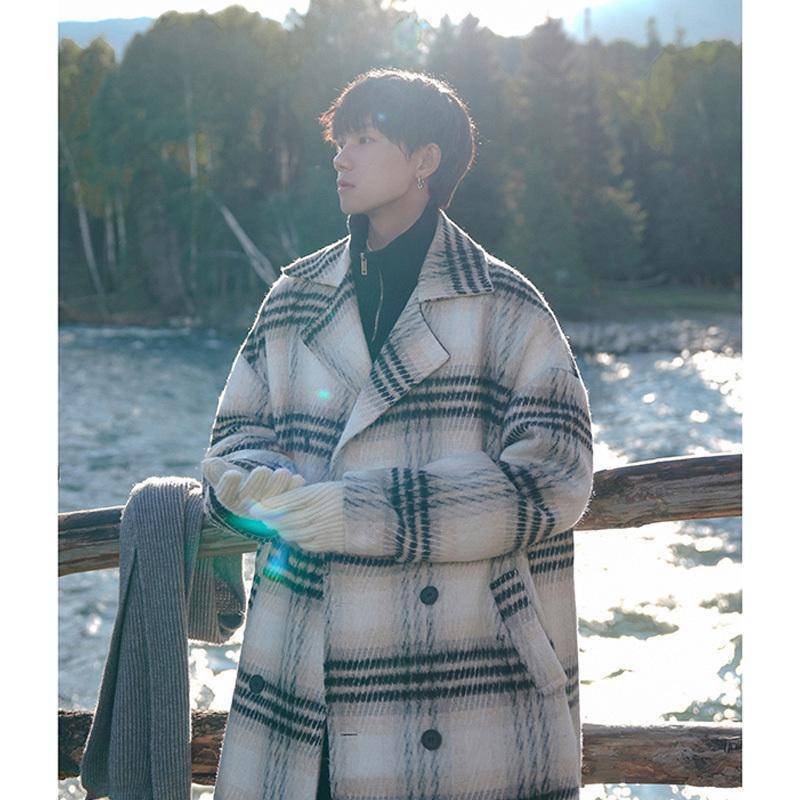 Manteau homme mi-long à carreaux tweed, style simple et tendance, noir/blanc uni - IVOIRART.COM