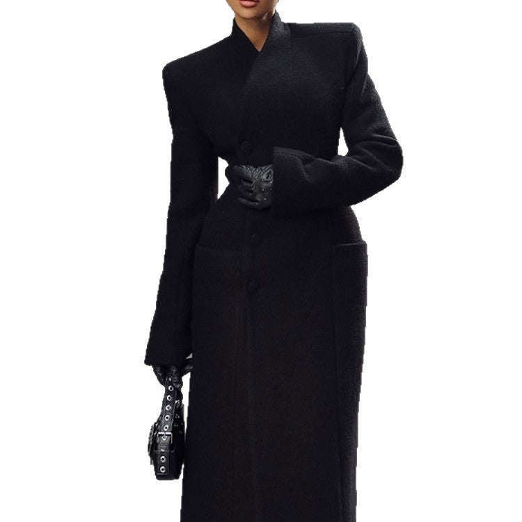 Manteau long en laine à épaules structurées, taille cintrée, femme adulte chic - IVOIRART.COM