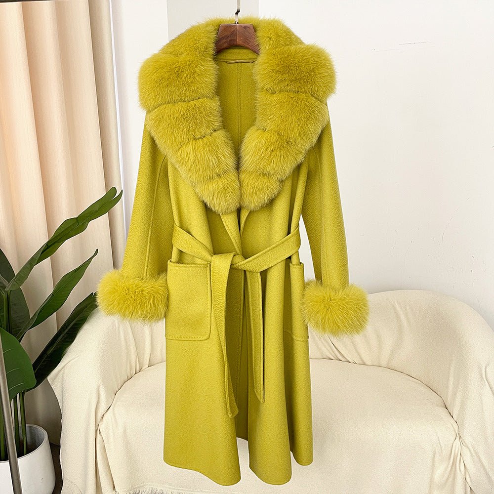 Manteau long femme en laine double face effet ondulé avec col en fourrure luxe - IVOIRART.COM