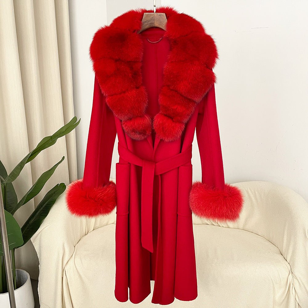 Manteau long femme en laine double face effet ondulé avec col en fourrure luxe - IVOIRART.COM