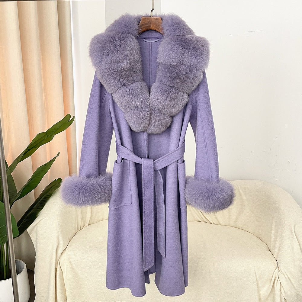 Manteau long femme en laine double face effet ondulé avec col en fourrure luxe - IVOIRART.COM