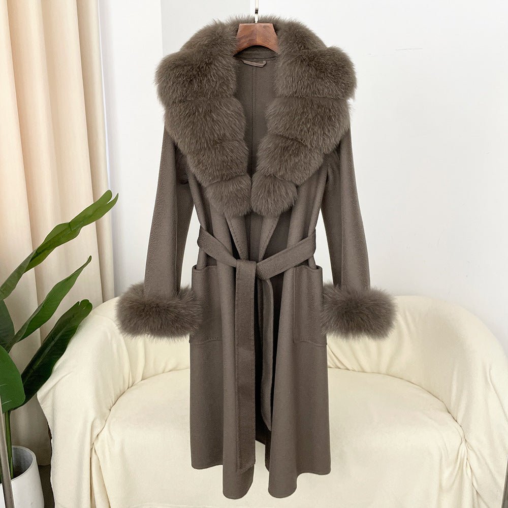 Manteau long femme en laine double face effet ondulé avec col en fourrure luxe - IVOIRART.COM