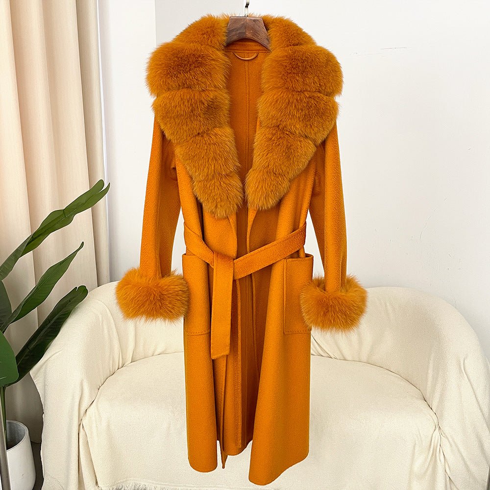 Manteau long femme en laine double face effet ondulé avec col en fourrure luxe - IVOIRART.COM