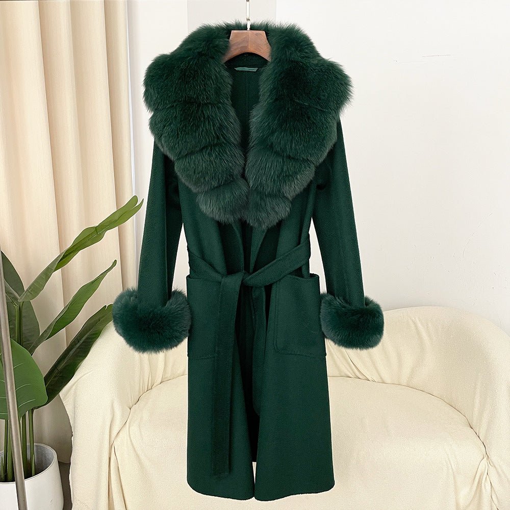 Manteau long femme en laine double face effet ondulé avec col en fourrure luxe - IVOIRART.COM