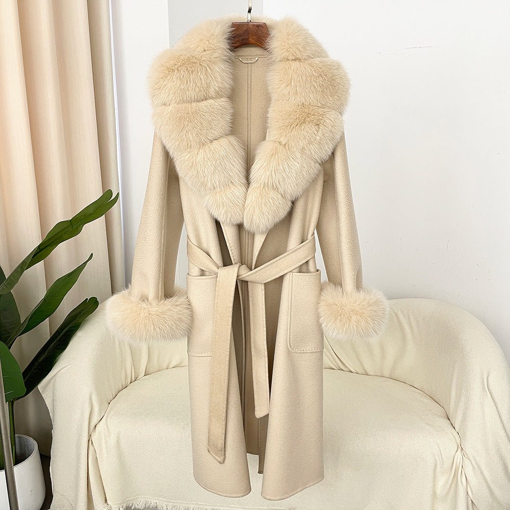 Manteau long femme en laine double face effet ondulé avec col en fourrure luxe - IVOIRART.COM