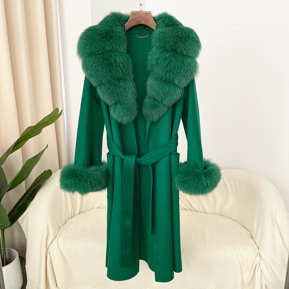 Manteau long femme en laine double face effet ondulé avec col en fourrure luxe - IVOIRART.COM