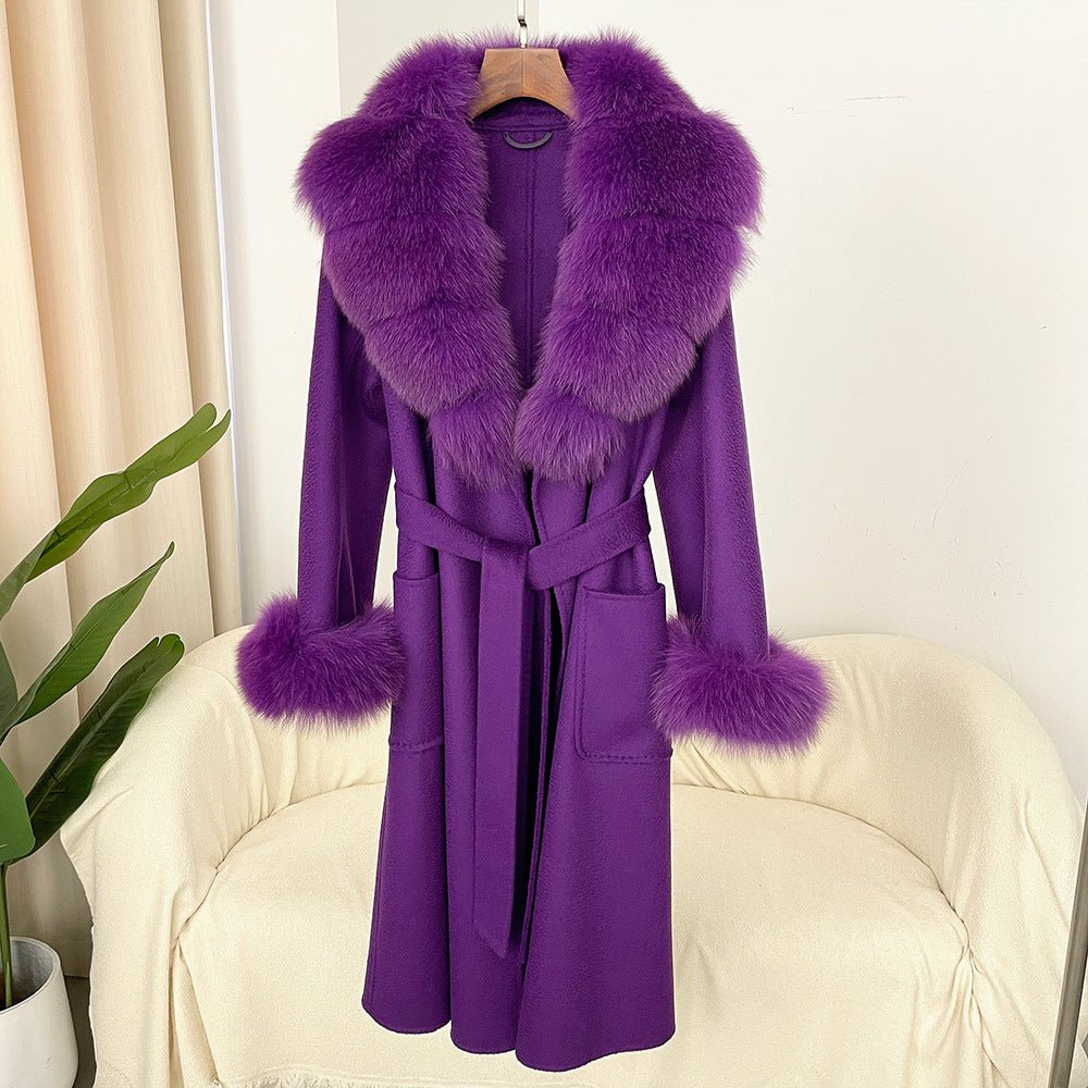 Manteau long femme en laine double face effet ondulé avec col en fourrure luxe - IVOIRART.COM