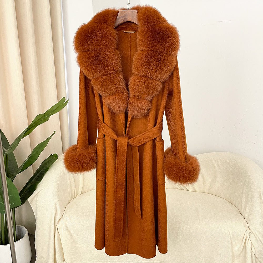 Manteau long femme en laine double face effet ondulé avec col en fourrure luxe - IVOIRART.COM