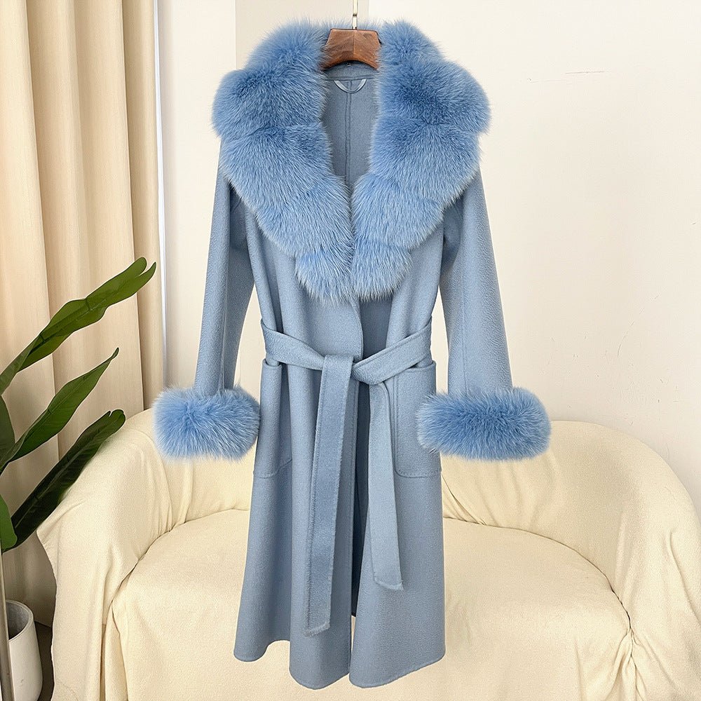 Manteau long femme en laine double face effet ondulé avec col en fourrure luxe - IVOIRART.COM