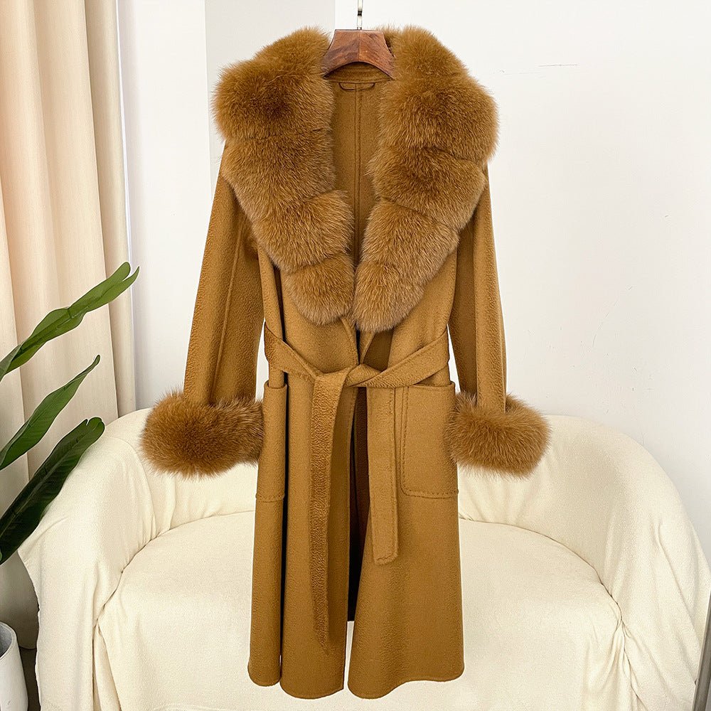 Manteau long femme en laine double face effet ondulé avec col en fourrure luxe - IVOIRART.COM
