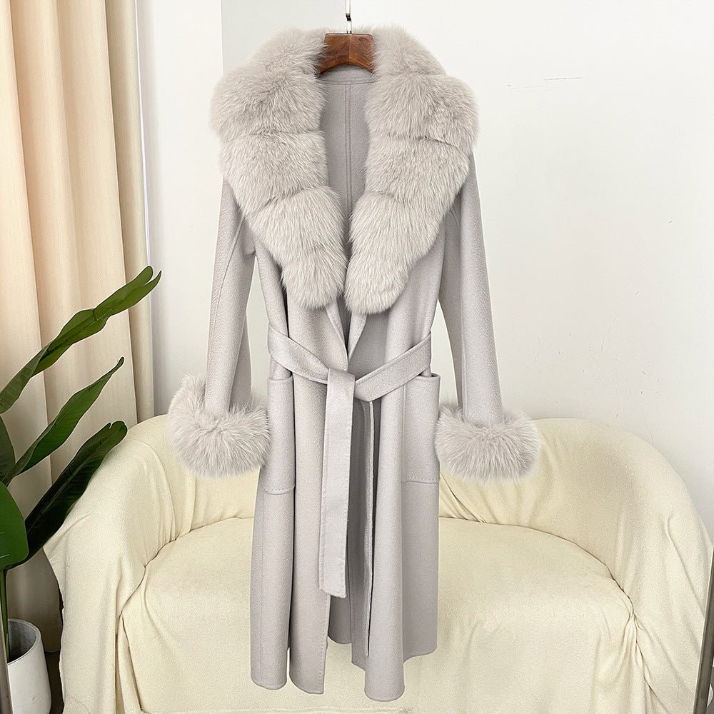 Manteau long femme en laine double face effet ondulé avec col en fourrure luxe - IVOIRART.COM
