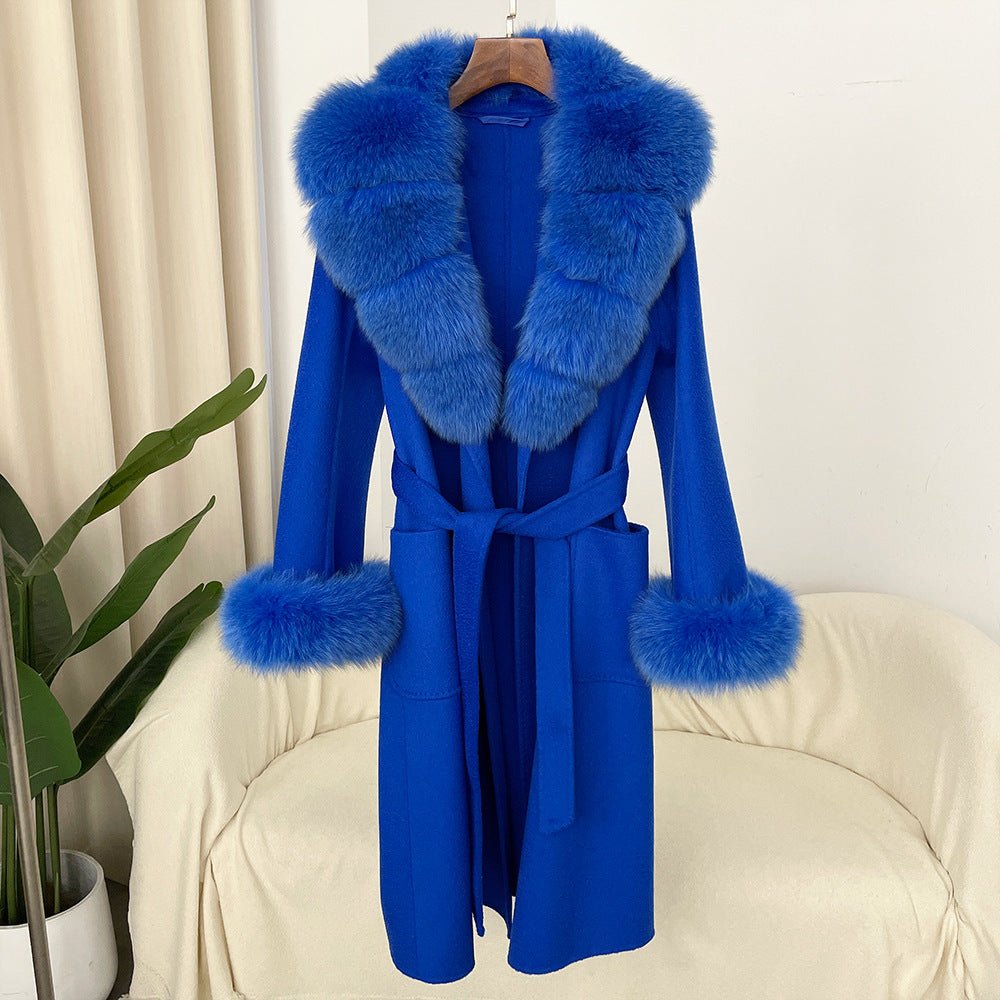 Manteau long femme en laine double face effet ondulé avec col en fourrure luxe - IVOIRART.COM
