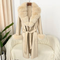 Manteau long femme en laine double face effet ondulé avec col en fourrure luxe - IVOIRART.COM