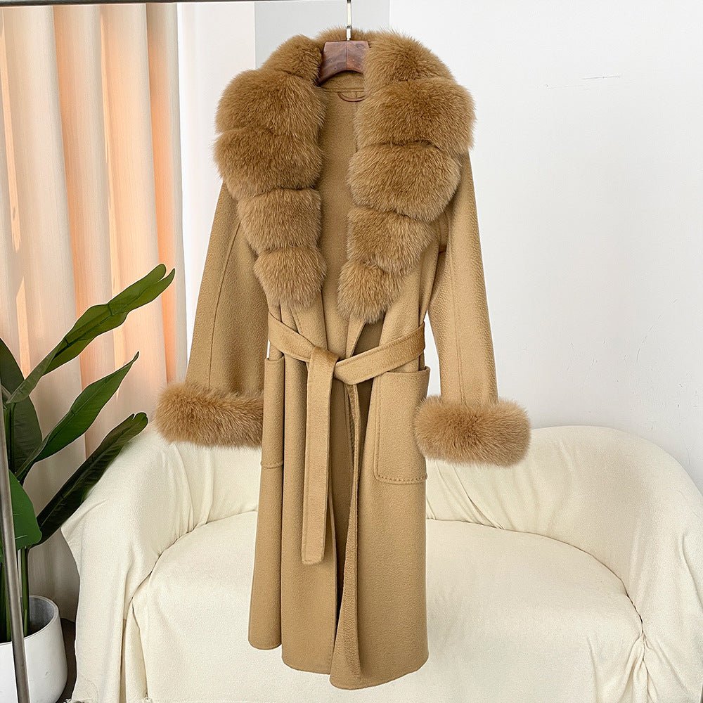 Manteau long femme en laine double face effet ondulé avec col en fourrure luxe - IVOIRART.COM